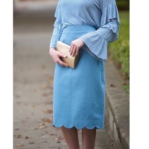 Navy scalloped pencil skirt